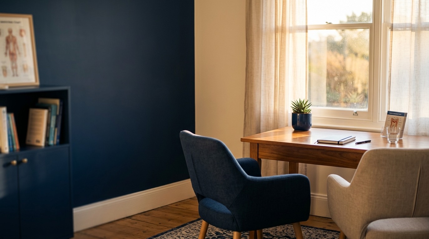 Sala de conversa da clínica com mesa de madeira e duas poltronas frente a frente, sob a luz do fim de tarde