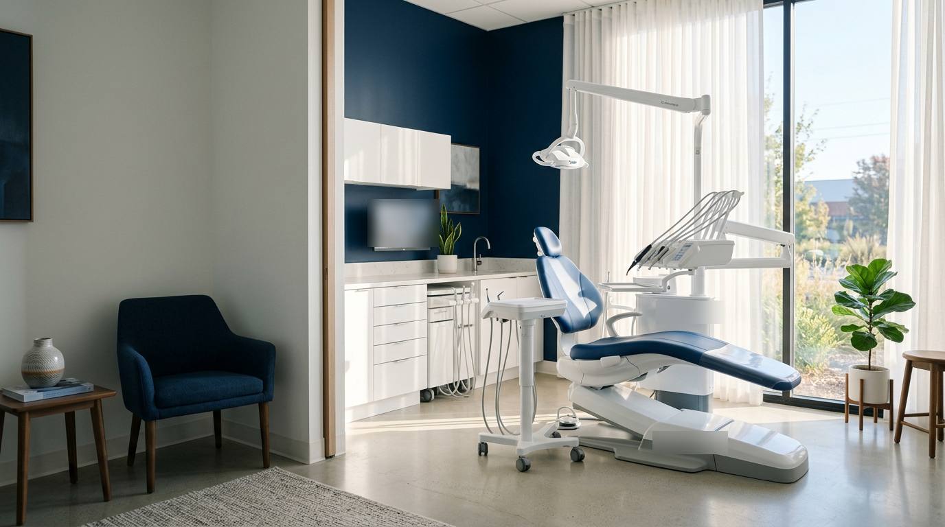 Sala de atendimento odontológico com cadeira azul-marinho sob a luz da manhã