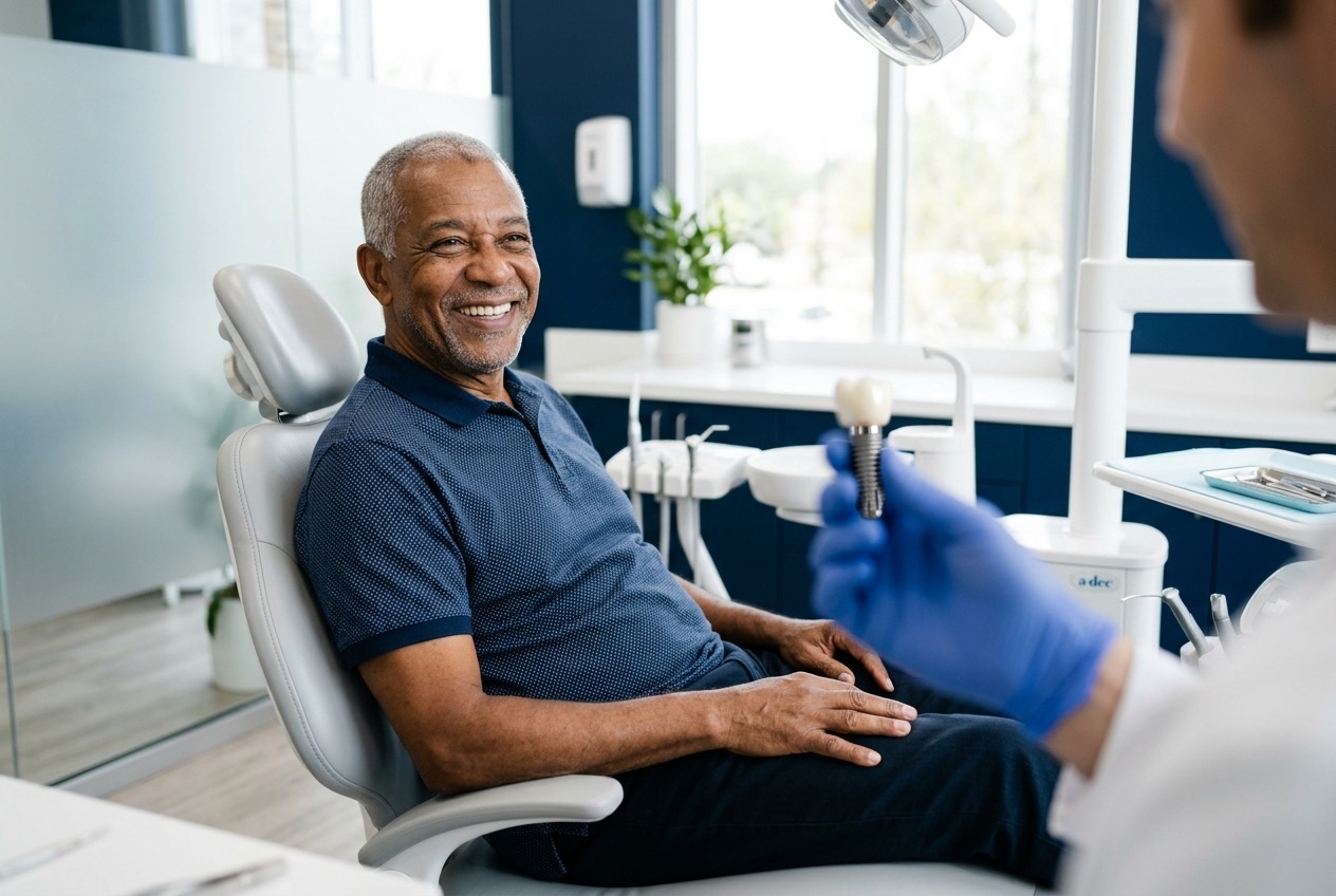 Paciente sorridente na cadeira odontológica enquanto o dentista mostra um modelo de implante dentário