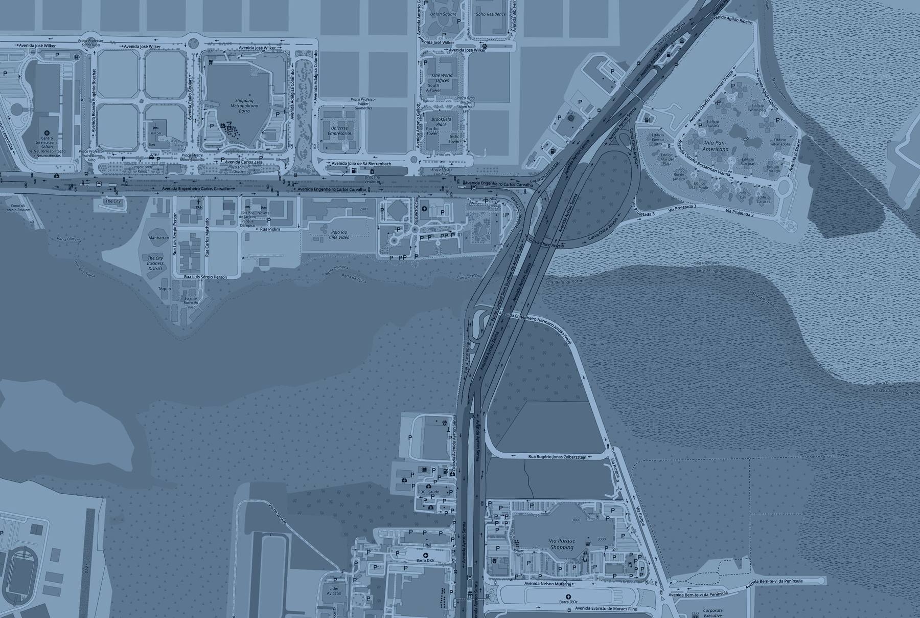 Mapa da região da Avenida Abelardo Bueno, na Barra da Tijuca, em tons de azul