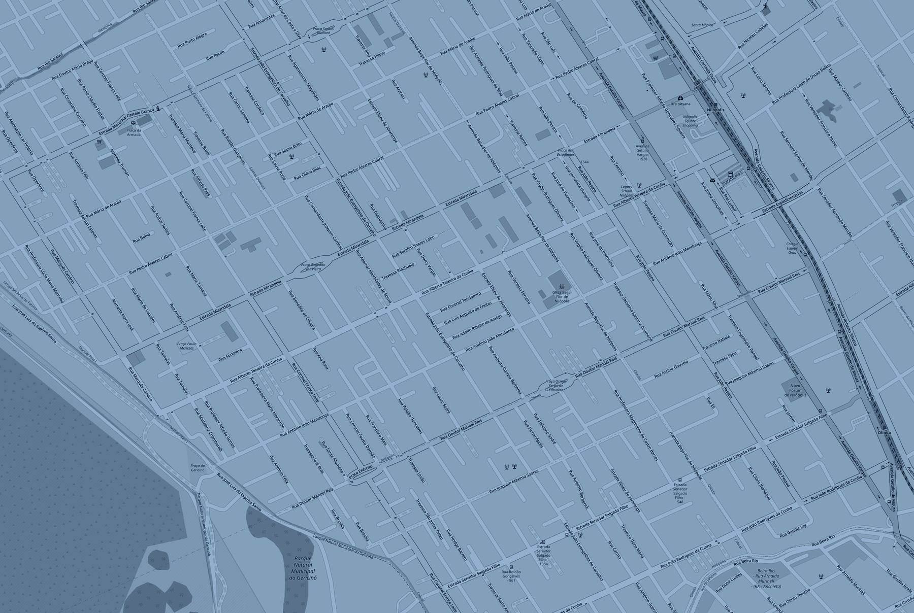 Mapa da região central de Nilópolis em tons de azul